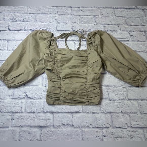 Wayf Tan Puff Sleeve Blouse. Coquette. Coquette Girl. Feminine. - Picture 1 of 8